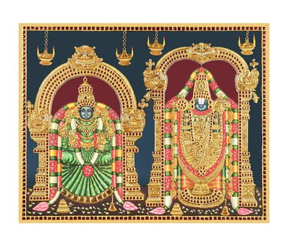 Padmavathi with Balaji Traditional Tanjore Painting By Authentic Handcrafted Method (Size 18x14)