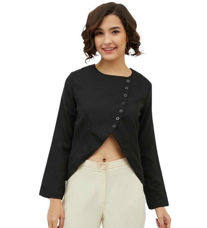 Women's Polyester Asymmetrical Long Sleeves Top (Black, L)-PID55911