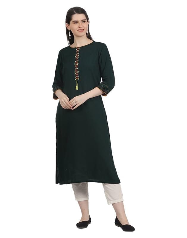 Women's Casual 3/4 Sleeve Viscose Rayon Printed Kurti (Green, S)-PID46390