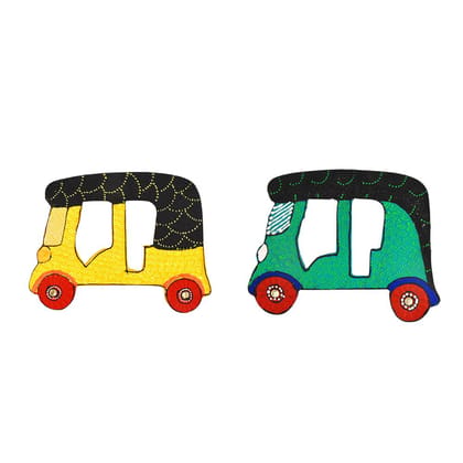 DECOREER Auto Rickshaw Wooden Fridge Magnet Set of 2