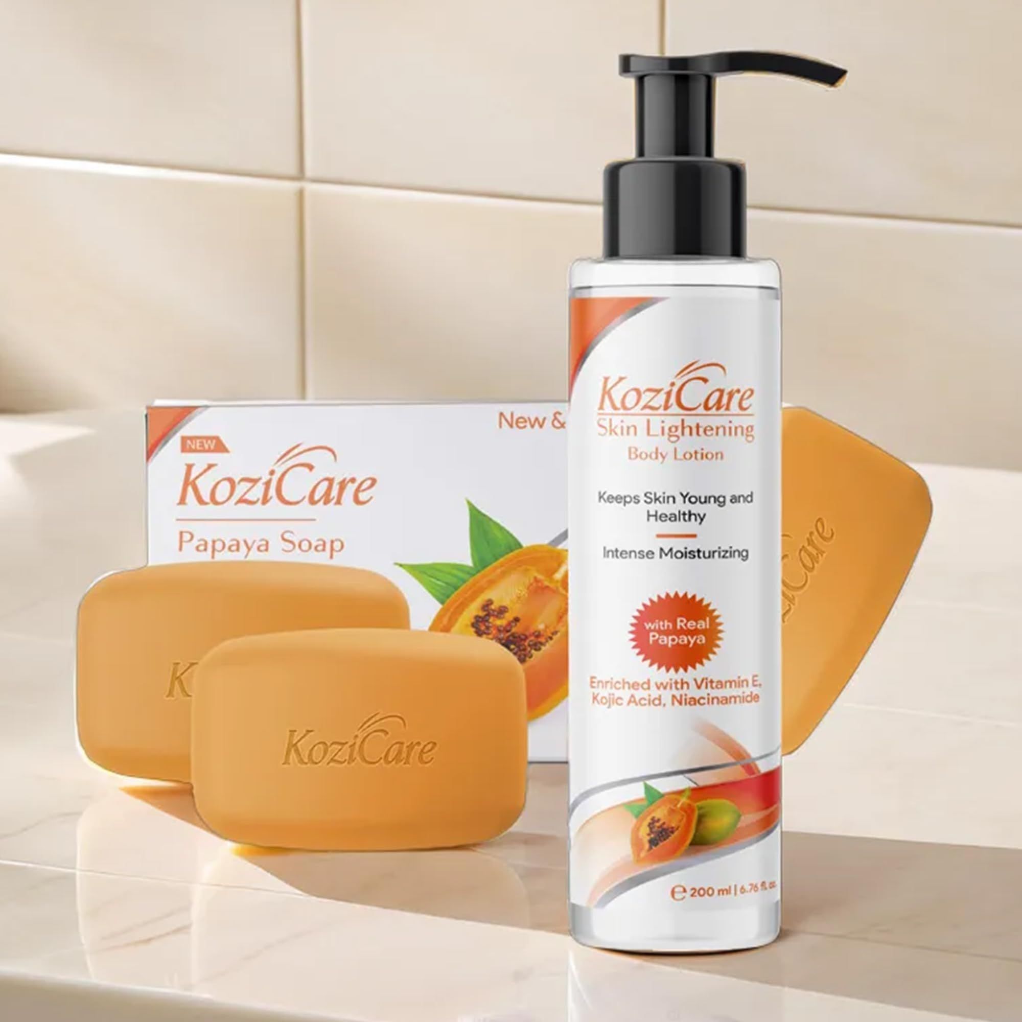 Kozicare Kojic Acid Soap & Papaya Body Lotion Combo | Body Tan Removal Soap | Bathing Soaps for Glowing Skin -Pack of 3 | Shea Butter Body Lotion | Niacinamide & Vitamin E Moisturizer For Body - 200Ml Kozicare Kojic Acid Soap & Papaya Body Lotion Combo |