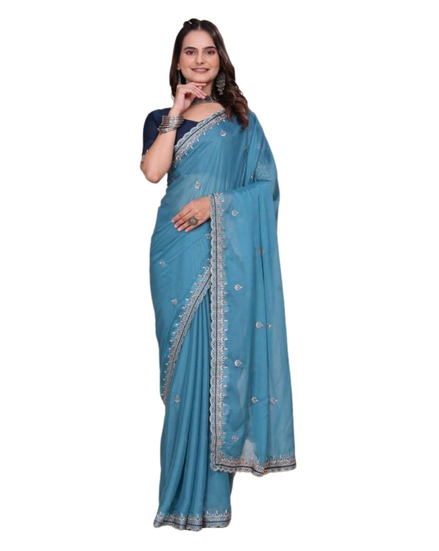 GENERIC Women's Georgette Embellished Saree With Unstitched Blouse 5.5Mtr (Aqua Blue)-PID67477