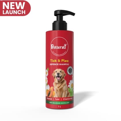 Petterati Tick & Flea Dog Shampoo with Papaya, Tulsi & Chamomile, Dermatologically Tested - 1000ml