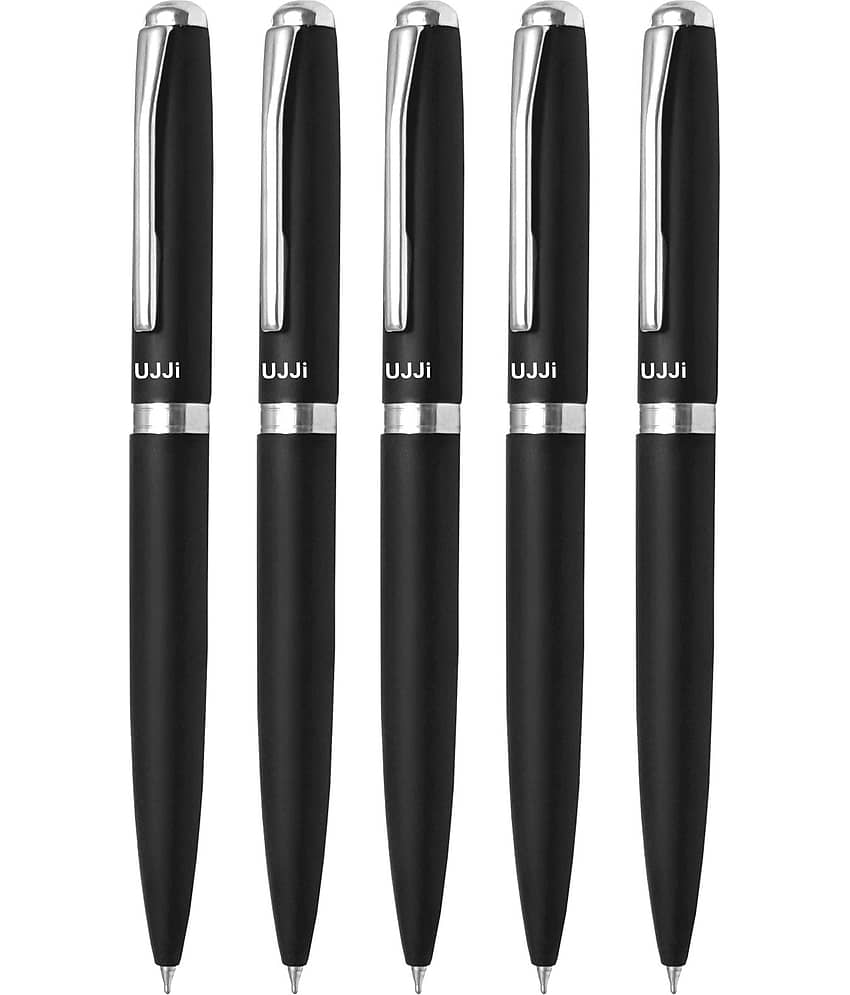 UJJi Black Color Matte Finish Body Pack of 5 Twist Mechanism (Blue Ink) Metal Ball Pen