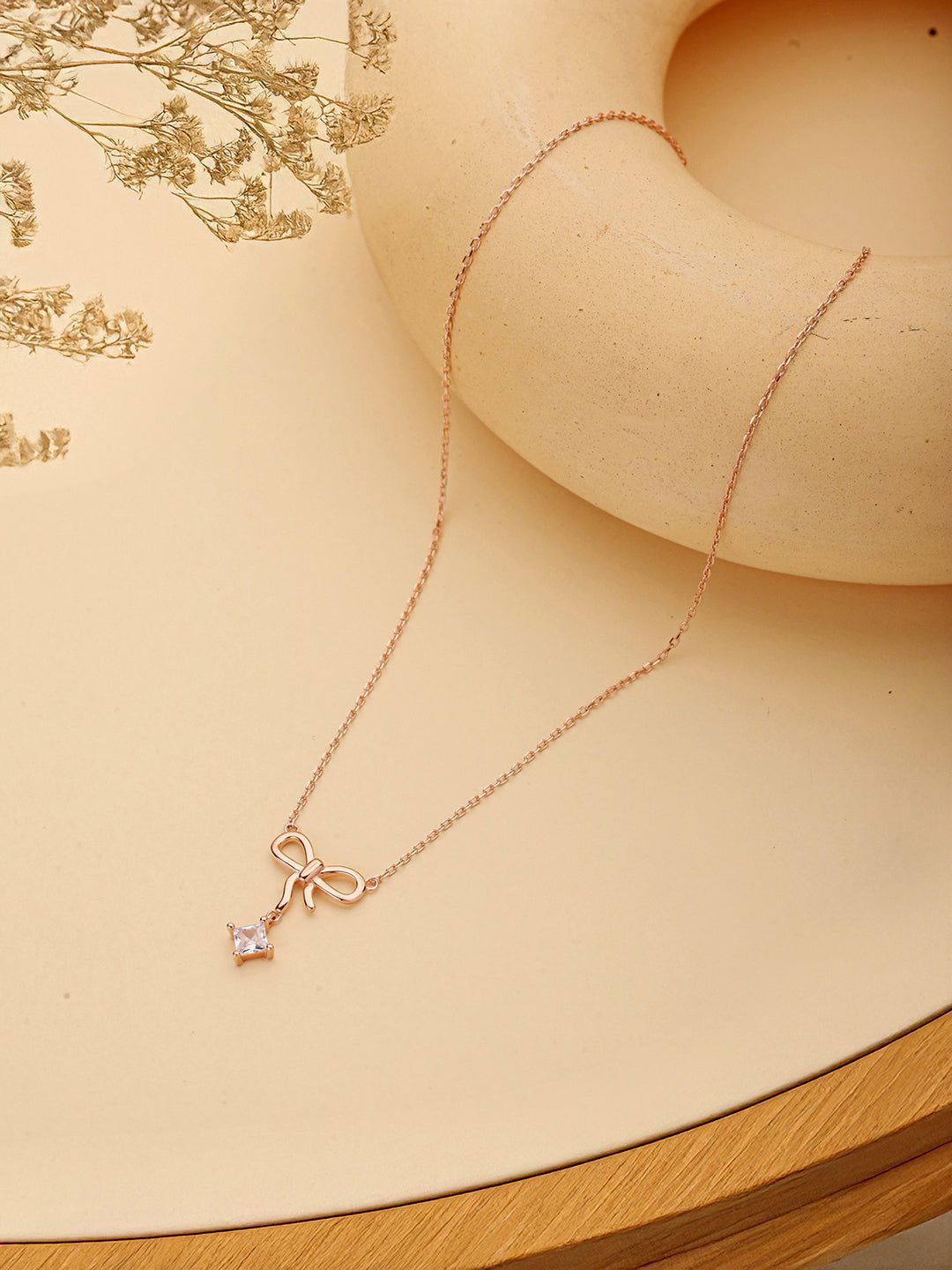 925 Sterling Silver Rose Gold AD Studded Minimal Bow Designer  Pendant Necklace & Chain