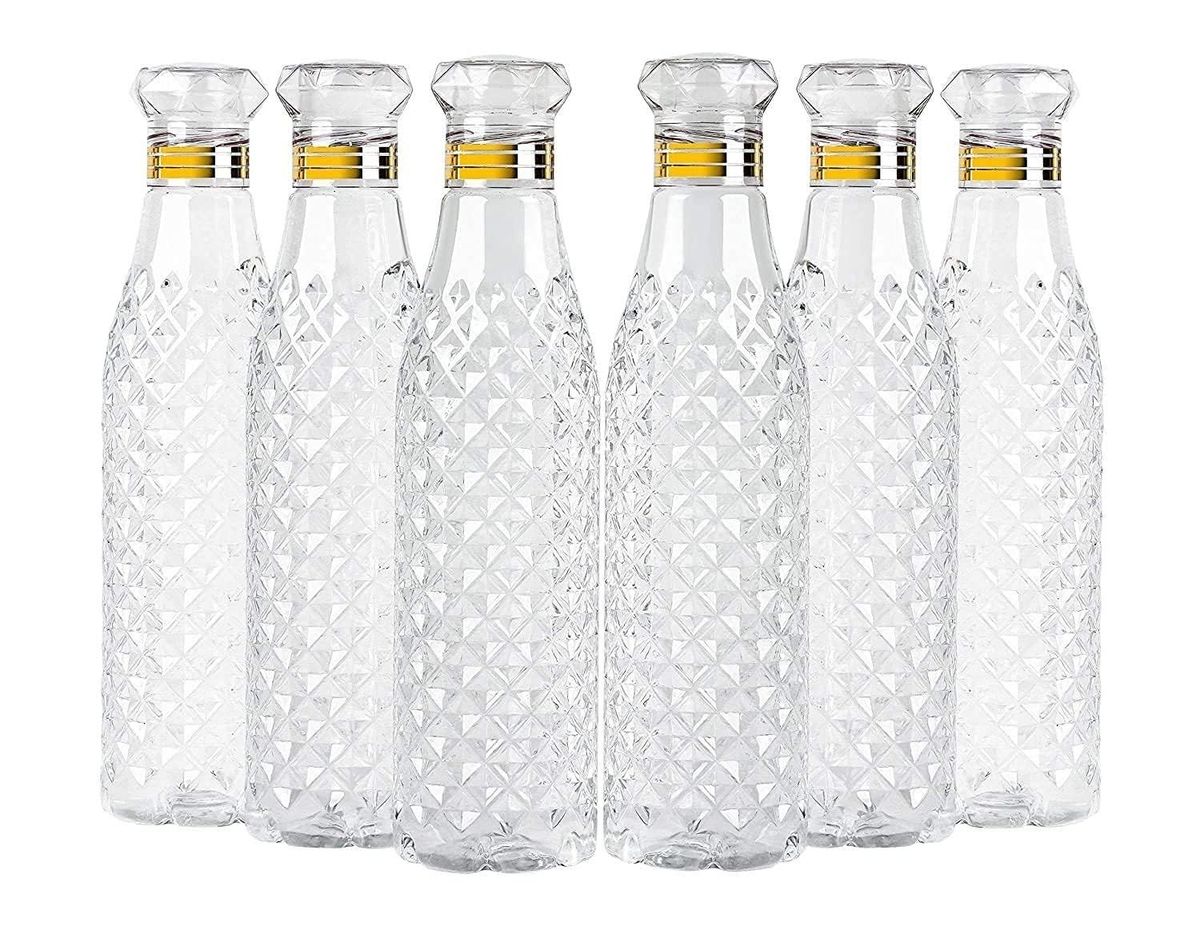 Water Bottles with Diamond Pattern, 1 Litre, Set of 6, Fridge Water Bottle 1000ml, Leak Proof & BPA Free & Airtight Lid | Ideal for Office, Sports, School, Travelling, Gym, Yoga