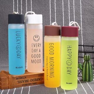 Minha 350ml Smiley Glass Water Bottle with Cup Lid  Leak Proof (Assorted Color) 1 Piece