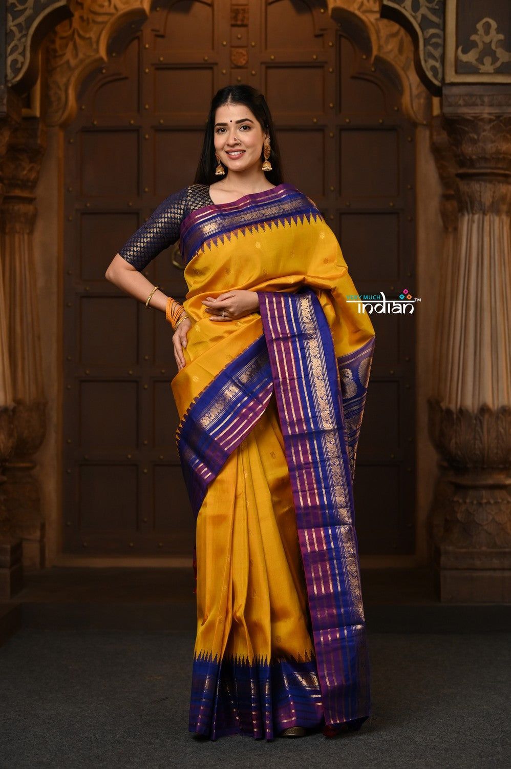 Parampara~ Gadwal Pure Silk Handloom Saree in Mustard Yellow with Royal Blue Border