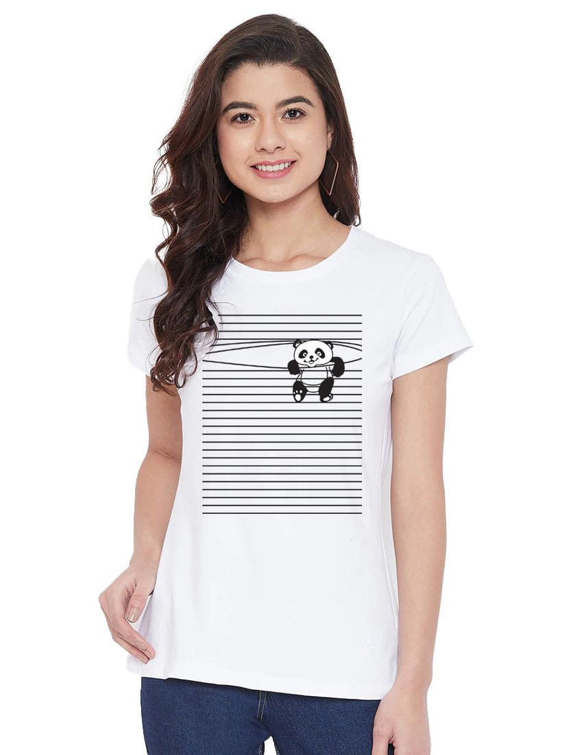 Women's Cotton Blend Peeping Panda Printed T-Shirt XL (White)