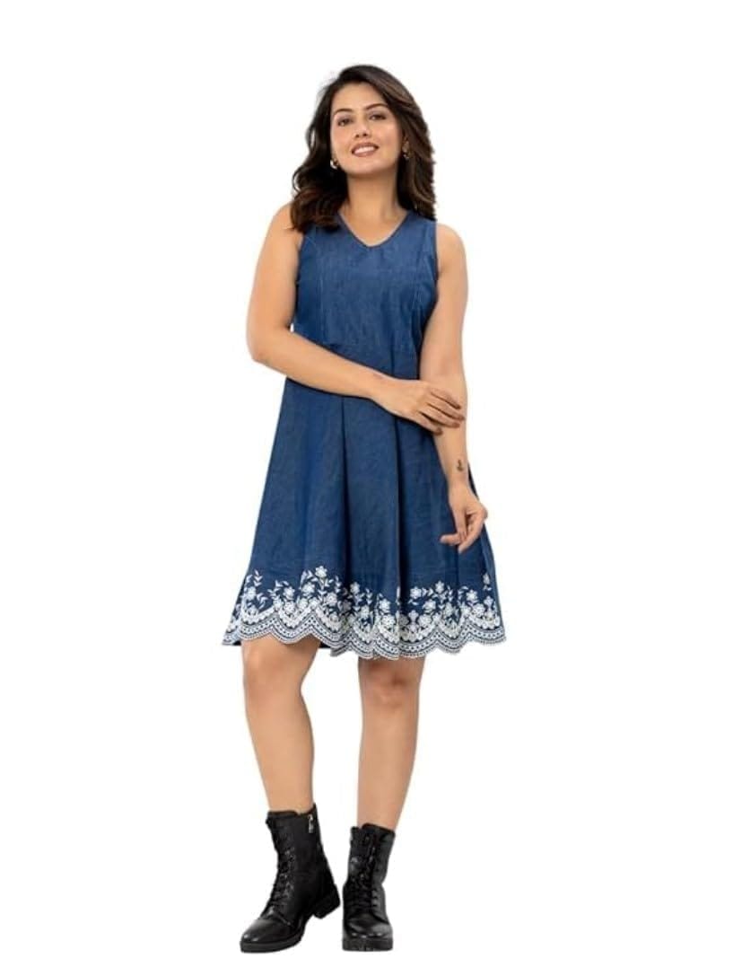 Women's Casual Denim Sleeveless Dress (Blue, S)-PID63377