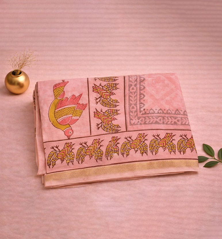 Gond Art Block Print Maheshwari Saree – Heritage Tribal Motif