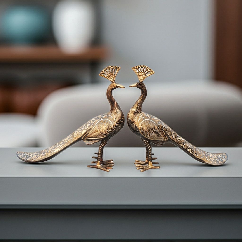 Showpiece Brass Peacock Pair Murti for Royal Home Decor, Height : 10.5 Inch (ANMAS253 C)