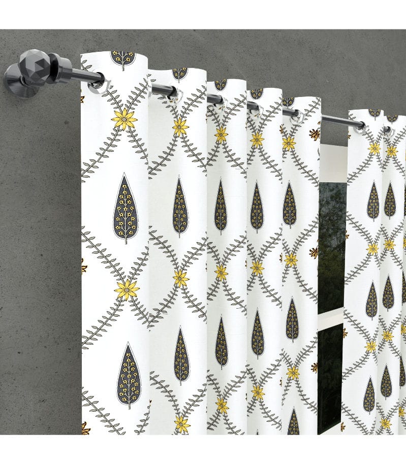 Pookalam Bloom Curtains Rihaa Hand Block Printed in Yellow & Grey ( 5 feet )