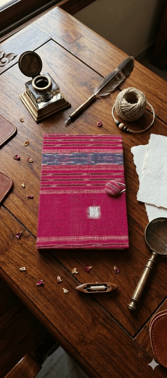 Bivabari Handloom Ikat Fabric Covered Handmade Notebook | Magenta | 50 Pages | Handmade Paper, Button Closure | Journaling & Gifting