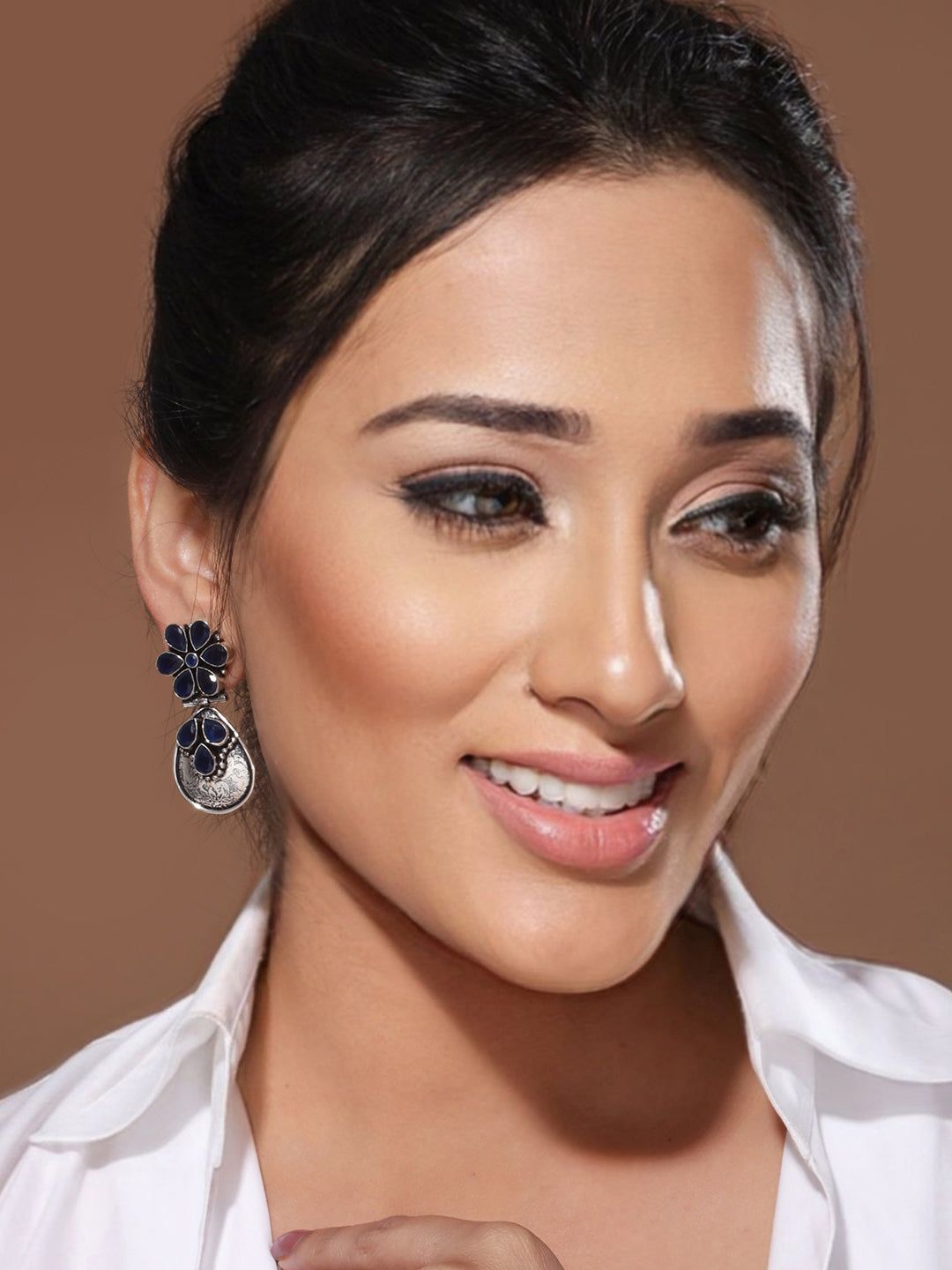Silver Oxidised Blue Stone studded Statement Earrings