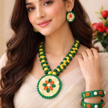 Handmade Green Yellow Fabric Jewelry Set Casual Lightweight Skin Friendly