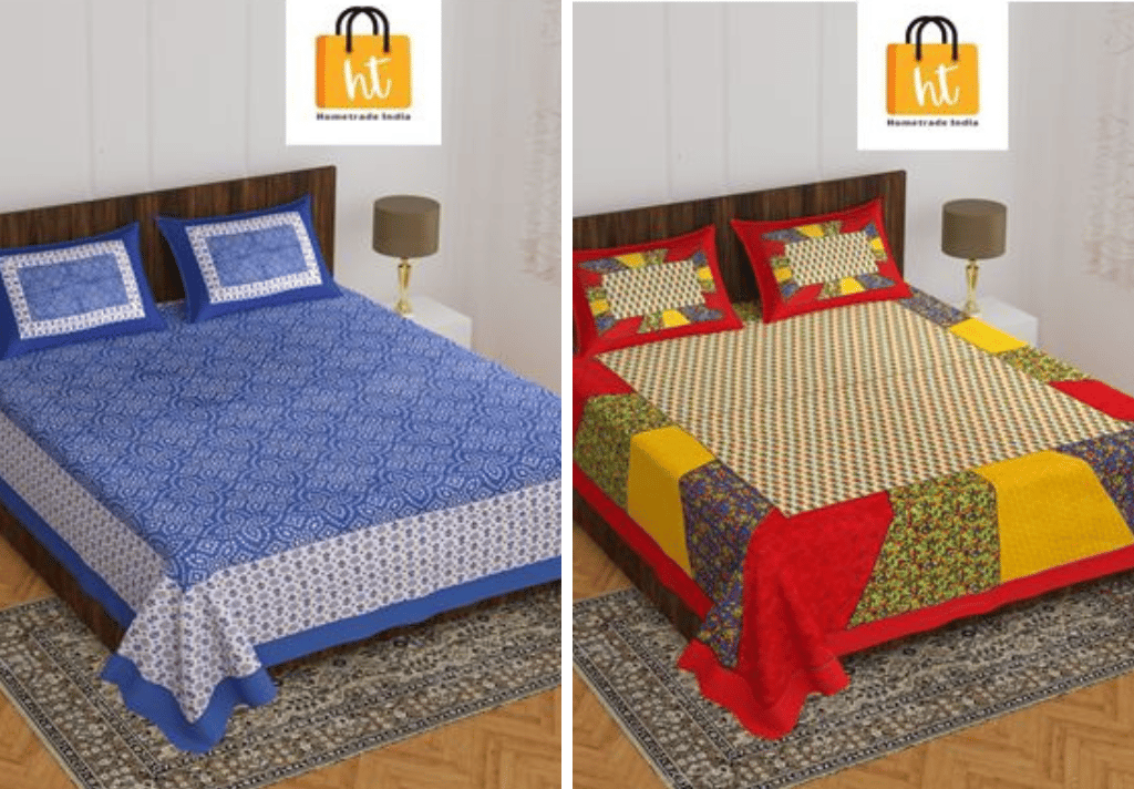 2201-Hometrade India- Standard Double Size (90*100 in )-Combo Jaipuri Double bedsheet With Matching Pillow Cover