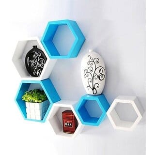 Onlinecraft Room Wall Decor Wooden Wall Shelf (Number Of Shelves - 6, White, Blue)