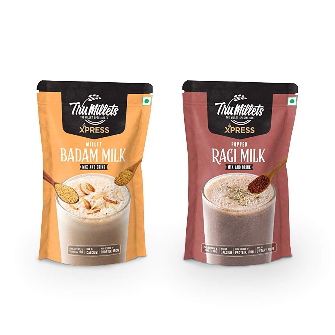 Trumillets Xpress - Healthy Millet Drink - Instant Mix 200 GRAMS Each | Nutrition for Adults (both Men and Women) and Kids- Health, Strength and Energy| No Preservatives| Gluten Free| Popped Ragi Milk & Badam Milk (Pack of 2)