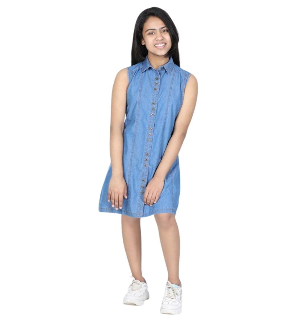 Girl's Denim Solid Cold Shoulder Dress (Blue, 12-13-Yrs)-PID66041