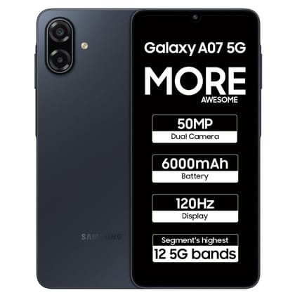 Samsung Galaxy A07 5G Smartphone (Black, 6GB RAM, 128GB Storage) | 120Hz Refresh Rate | Massive 6000mAh Battery | 50MP True Dual Camera | 6 Gen OS Upgrades | Knox Vault