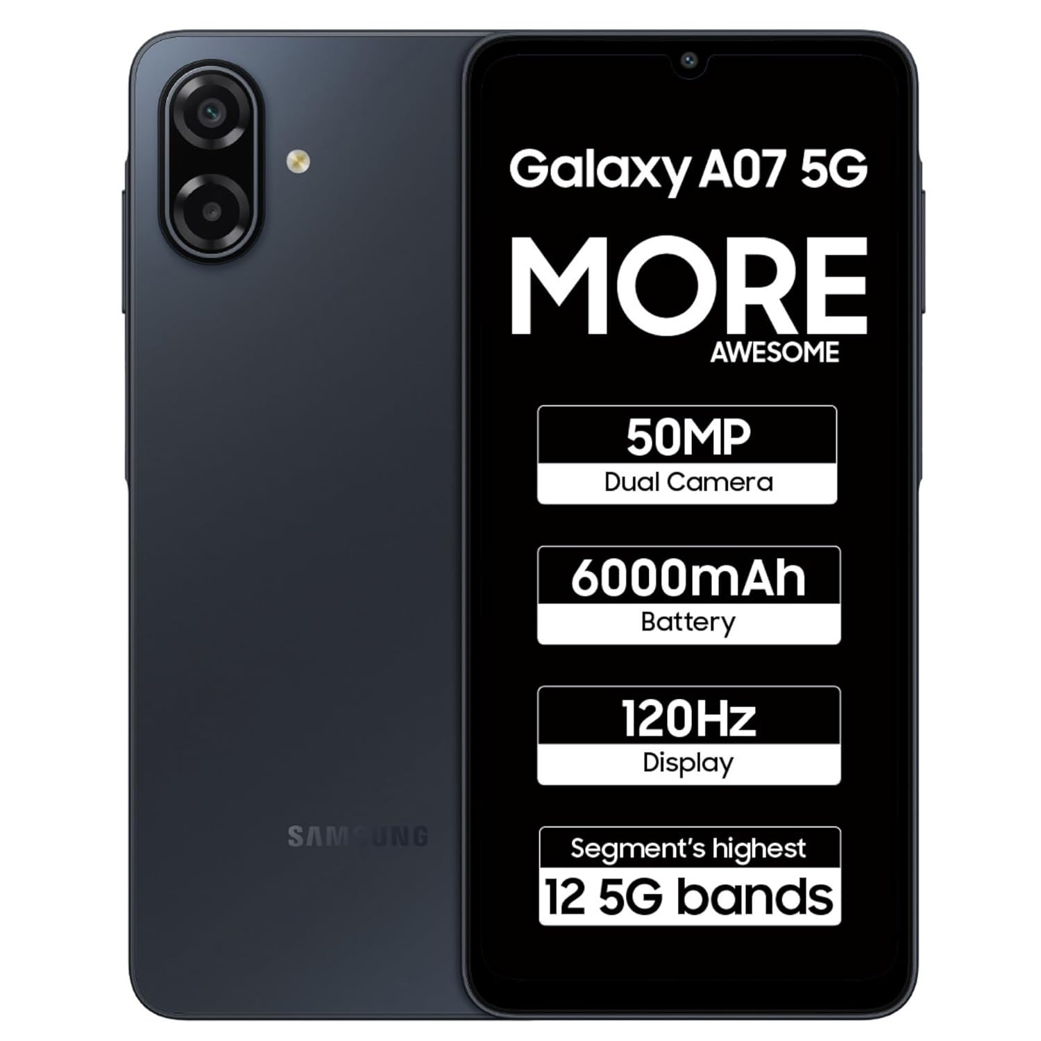 Samsung Galaxy A07 5G Smartphone (Black, 6GB RAM, 128GB Storage) | 120Hz Refresh Rate | Massive 6000mAh Battery | 50MP True Dual Camera | 6 Gen OS Upgrades | Knox Vault