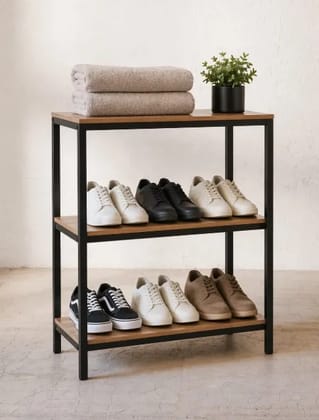 Three shelfs Modern Metal & Wood Storage Rack for shoes,Towel,small product for daily use home Black powder coated with plywood shelfs height 3 feet and width 27.inch and depth 12inch