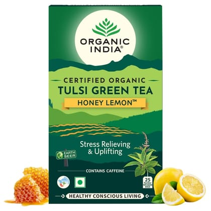 A TATA Product - Organic India Tulsi Green Tea Honey Lemon - 25 Tea Bags, Refreshing Blend with Tulsi, Green Tea, Lemon & Honey Flavors, Naturally Sourced Ingredients, Staple-Free Bags Certified Organic A TATA Product - Organic India Tulsi Green Tea Honey Lemon - 25 Tea Bags, Refreshing Blend with Tulsi, Green Tea, Lemon & Honey Flavors, Naturally Sourced Ingredients, Staple-Free Bags Certified Organic