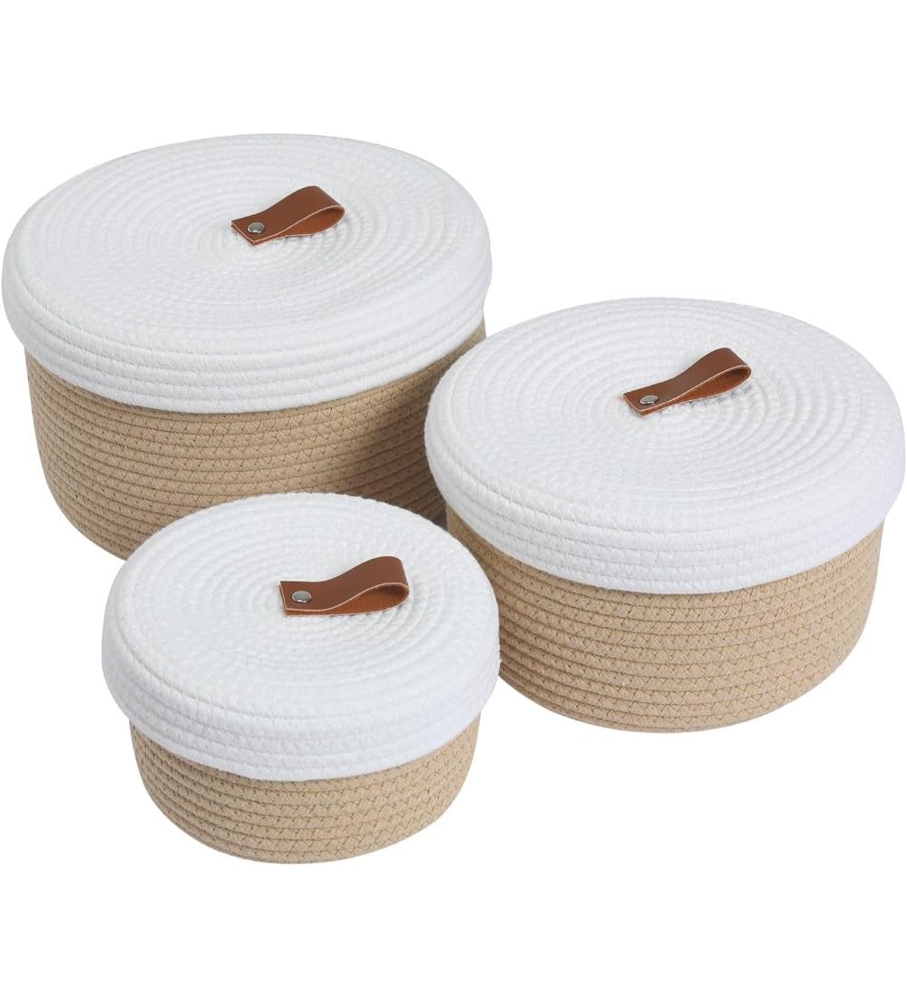 Generic Cotton 3 Pcs Set Roti Box Storage Basket With Lid (Beige-White)-PID66358
