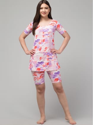 Womens Polyester Spandex Printed Round Neck Swimsuit Set Size M (Multicolor)
