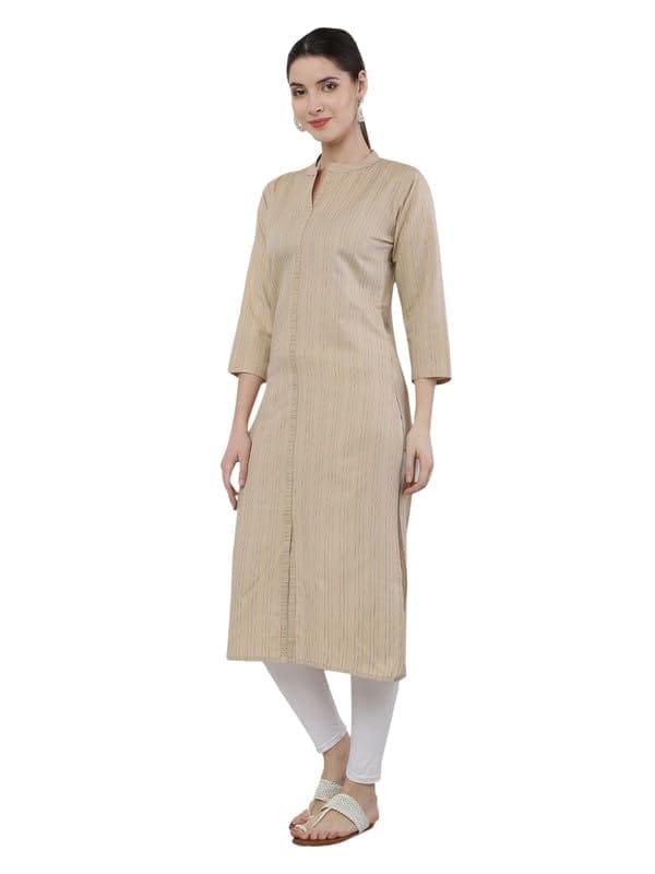 Women's Casual 3/4th Sleeve Strip Viving Cotton Kurti (Beige, S)-PID46146