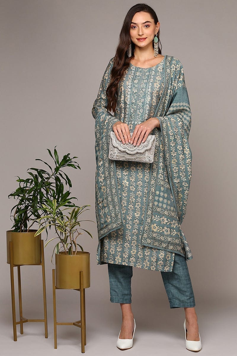 Plus Size Grey Silk Blend Printed Straight Suit Set PKSKD2001