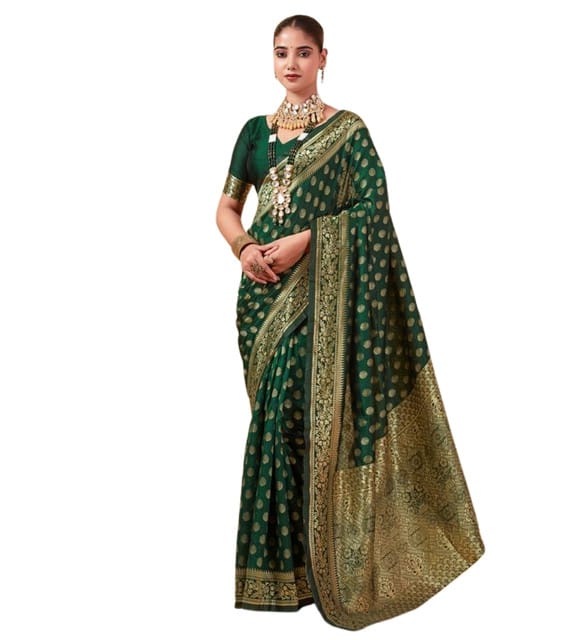 Generic Women's Jacquard Printed Saree with Unstitched Blouse Piece, Soft Lightweight 5.5 m Sari for Daily, Office and Wear (Bottle Green, Design 67634)