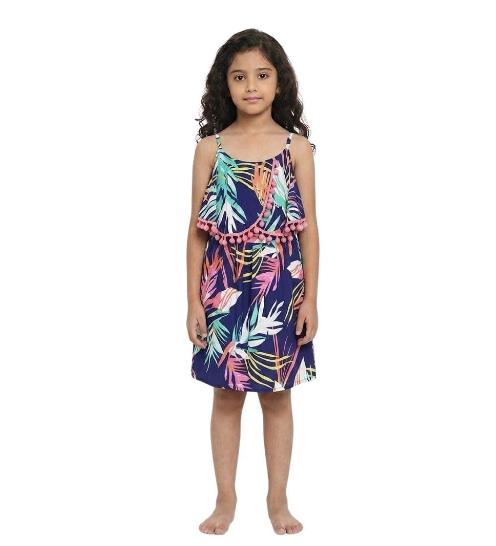 Girl's Rayon Printed Shoulder Straps Dress (Navy Blue, 5-6-Yrs)-PID66023