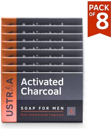 Ustraa Deo Soap with Activated Charcoal For Men- 100 g (Pack of 8) - Activated Charcoal Soap with Deo Fragrance - Cleans toxins and bacteria - No Sulphate