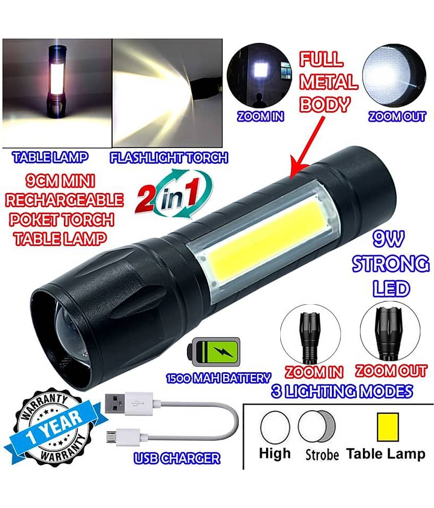 GLOBAL 2in1 3 Mode Waterproof Rechargeable LED Zoomable Metal Body COB 9W Flashlight Torch Emergency Table Lamp - Pack of 1