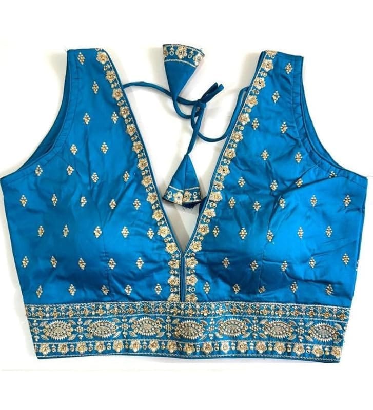 Women's Silk Thread Work V Neck Sleeve Less Readymade Blouse (Sky Blue, Free Size)-PID57732