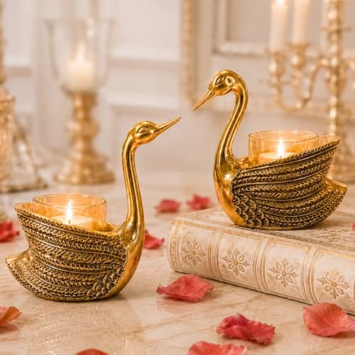 Metal Swan Pair Candle Holder with Votives Aluminum Swan Showpiece for Living Room Elegant Tabletop Decoration