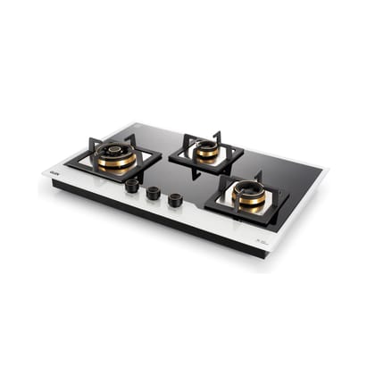 3 Burner Black and White Glass Gas Hob Top with Triple Ring, Total Double Ring Brass Burner (BH1073XLCIHTTDBBW)