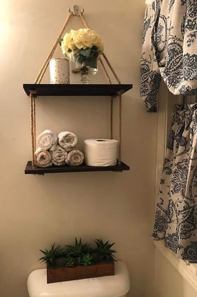 Wood Hanging Shelf Wall Swing Storage Shelves Jute Rope Organizer Rack, 2 Tier