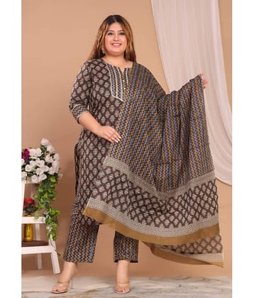 Avnii Cotton Printed Kurti With Pants Women's Stitched Salwar Suit - Brown ( Pack of 1 )
