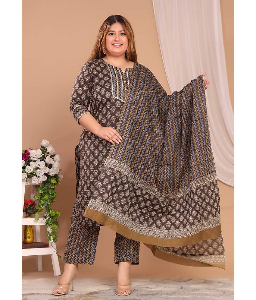 Avnii Cotton Printed Kurti With Pants Women's Stitched Salwar Suit - Brown ( Pack of 1 )