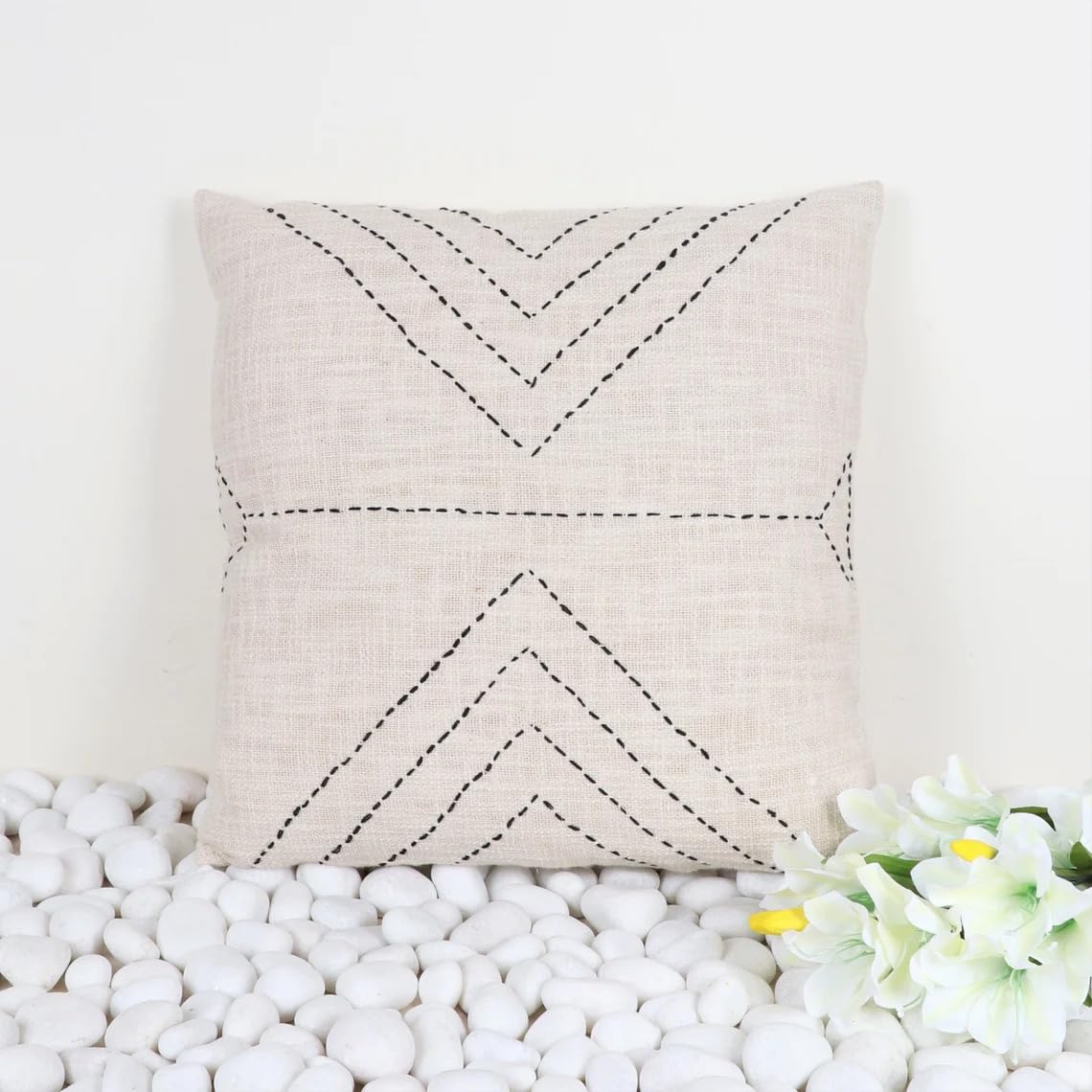 Indihomecraft Handicraft Cotton Cushion Cover - Hand Kantha Embroidery Decorative Art Boho Pillow Block Woven Pillow Cover | Square Shape 20X20 Inches Cushion Cover, Set of 1