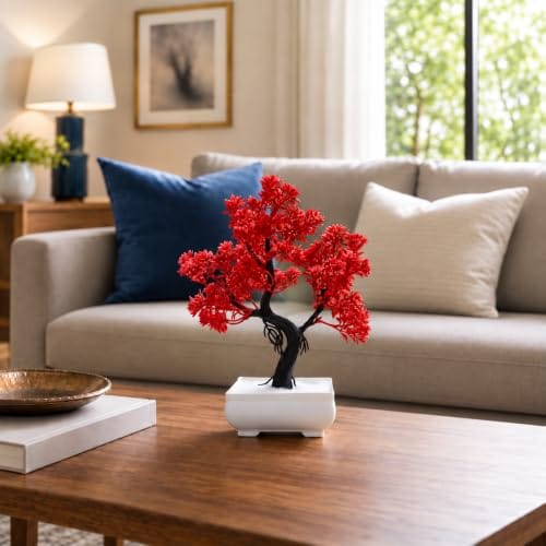 Artificial Bonsai Tree with Red Flowers and Pot | Indoor Decorative Plant for Home, Office, Coffee Table & Balcony