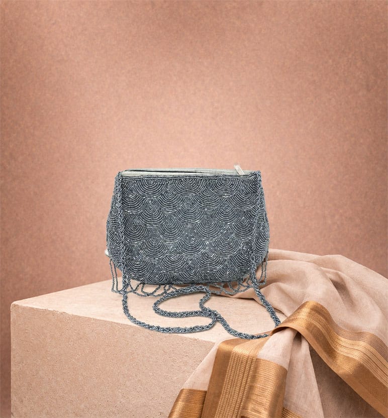 Handcrafted Grey Beaded Evening Hand Bag with Chain Strap