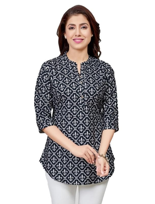 Women's Poly Crepe Mandarin Collar 3/4 Sleeves Short Top (Black, 2XL)-PID56225