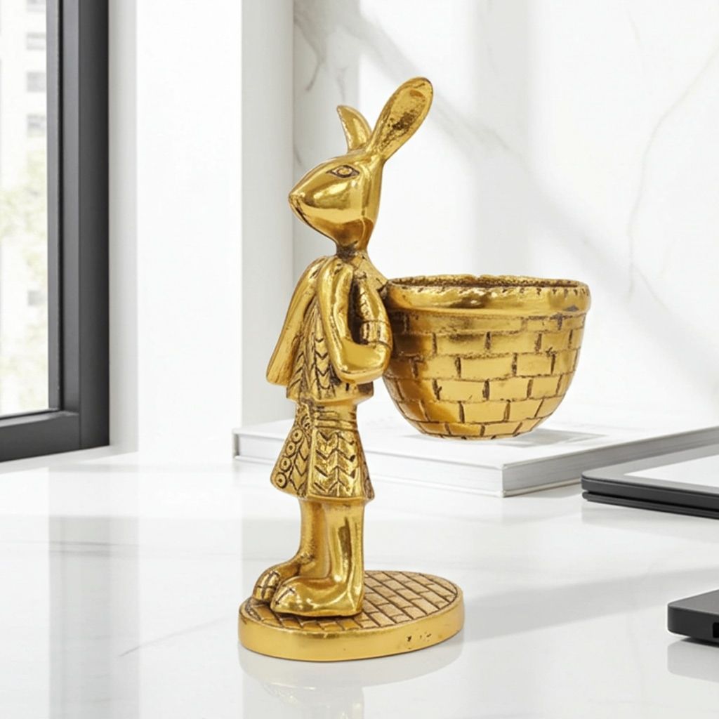 Aluminium Showpiece Rabbit Basket, Height : 8 Inch (ASMAS494 G)