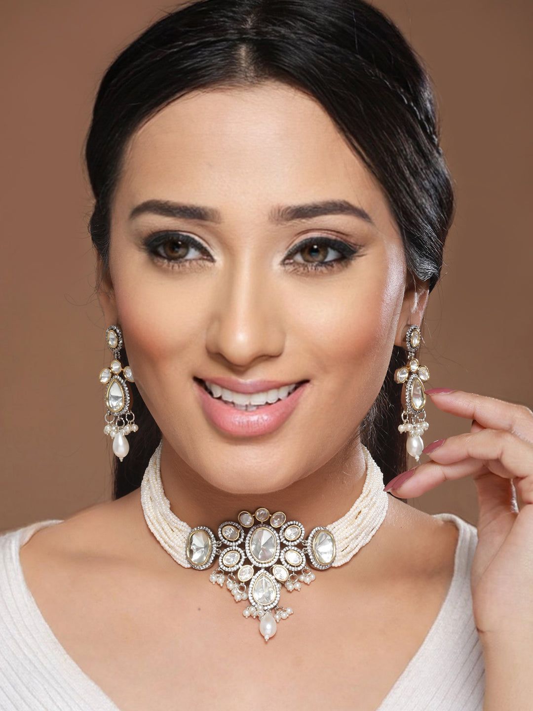 GoldPlated White Uncut Polki & Pearl Beaded Floral Choker Jewellery Set