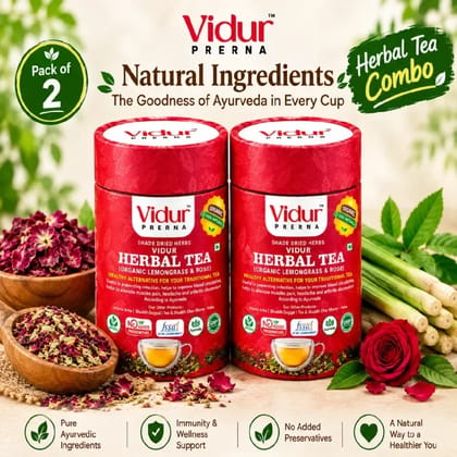 Vidur Prerna Herbal Tea Organic Lemongrass  Rose  Pack of 2  Herbal Tea Combo 2 x 120 gram - 240 gram