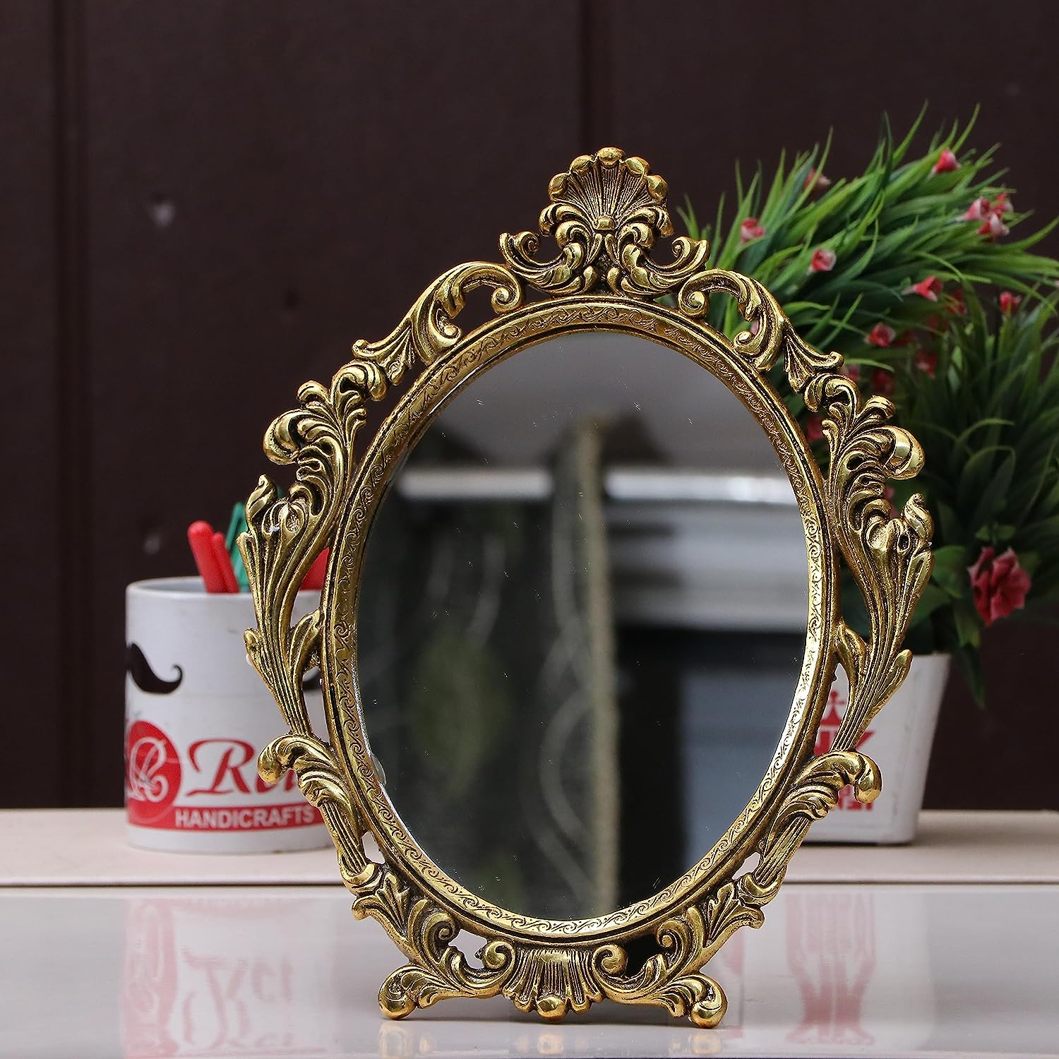 DreamKraft Gold Plated Table Mirror  Perfect Gift | Floor Mount | 23x3x23cm, 500 gm